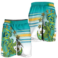 Cook Islands Va'a Race Shorts for Men Te Tatau Tattoos Sporty Style Turquoise Color - Polynesian Pride