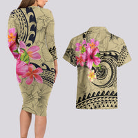 Matching Outfit For Couples Hawaii Tropical Flowers Polynesian Tribal Wave Bodycon Dress And Hawaii Shirt