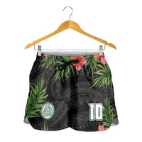 Custom Hawaii Volleyball Shorts for Women Kakau Abstract and Tropical Plants Black Color - Polynesian Pride