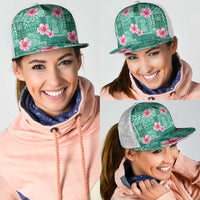 Cyan Hawaii Hibiscus With Tropical Flowers Motifs Mesh Trucker Cap - Polynesian Pride