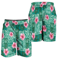 Cyan Hawaii Hibiscus With Tropical Flowers Motifs Shorts for Men - Polynesian Pride