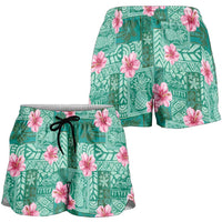 Cyan Hawaii Hibiscus With Tropical Flowers Motifs Shorts for Women - Polynesian Pride