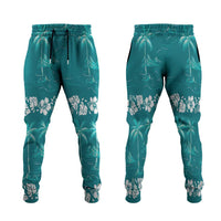 Cyan Hawaii Palm Tree Hibiscus Jogger Pants Fantasy Summer Vibe
