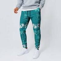 Cyan Hawaii Palm Tree Hibiscus Jogger Pants Fantasy Summer Vibe