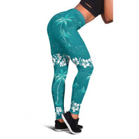 Cyan Hawaii Palm Tree Hibiscus Leggings Fantasy Summer Vibe