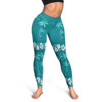 Cyan Hawaii Palm Tree Hibiscus Leggings Fantasy Summer Vibe