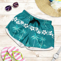 Cyan Hawaii Palm Tree Hibiscus Shorts for Women Fantasy Summer Vibe