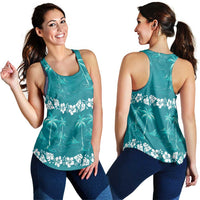 Cyan Hawaii Palm Tree Hibiscus Women Racerback Tank Fantasy Summer Vibe
