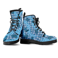 Cyan Palaka Hawaii Cowboy Leather Boots Puakenikeni Lei Paniolo Papale Seamless Vibes - Polynesian Pride