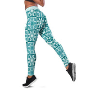 Cyan Palaka Quilt Hawaii Leggings Hawaiian Tropical Monstera Sea Turtle LT14 Cyan - Polynesian Pride