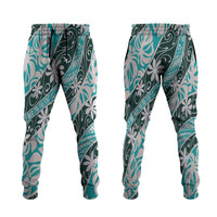 Cyan Tahiti Tiare Monstera Jogger Pants Polynesian Pattern Curve Style - Polynesian Pride