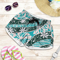 Cyan Tahiti Tiare Monstera Shorts for Women Polynesian Pattern Curve Style - Polynesian Pride