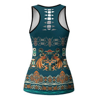 Dark Cyan Blue Batik Papua-inspired Pattern Hollow Tank Top LT9 - Polynesian Pride