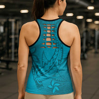 Dark Cyan Gradient Polynesia Hollow Tank Top Hawaiian Tribal Hammerhead Shark Tattoo LT14 - Polynesian Pride