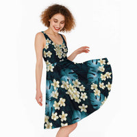 Dark Cyan Tropical Hawaii Midi Dress Seamless Monstera Plumeria Hawaiian Pattern - Polynesian Pride