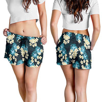 Dark Cyan Tropical Hawaii Shorts for Women Seamless Monstera Plumeria Hawaiian Pattern - Polynesian Pride