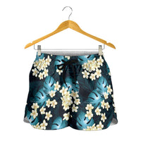Dark Cyan Tropical Hawaii Shorts for Women Seamless Monstera Plumeria Hawaiian Pattern - Polynesian Pride