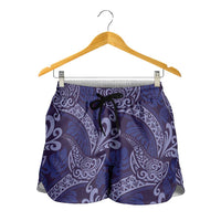 Deep Blue Monstera Shorts for Women Polynesian Tribal Pattern - Polynesian Pride