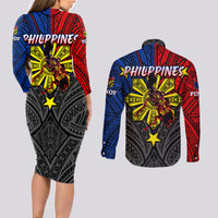 Philippines Half Sleeve Tattoo Couples Matching Long Sleeve Bodycon Dress and Long Sleeve Button Shirt Pinoy Filipinos Sun DT02 - Polynesian Pride