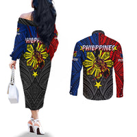 Philippines Half Sleeve Tattoo Couples Matching Off The Shoulder Long Sleeve Dress and Long Sleeve Button Shirt Pinoy Filipinos Sun DT02 - Polynesian Pride