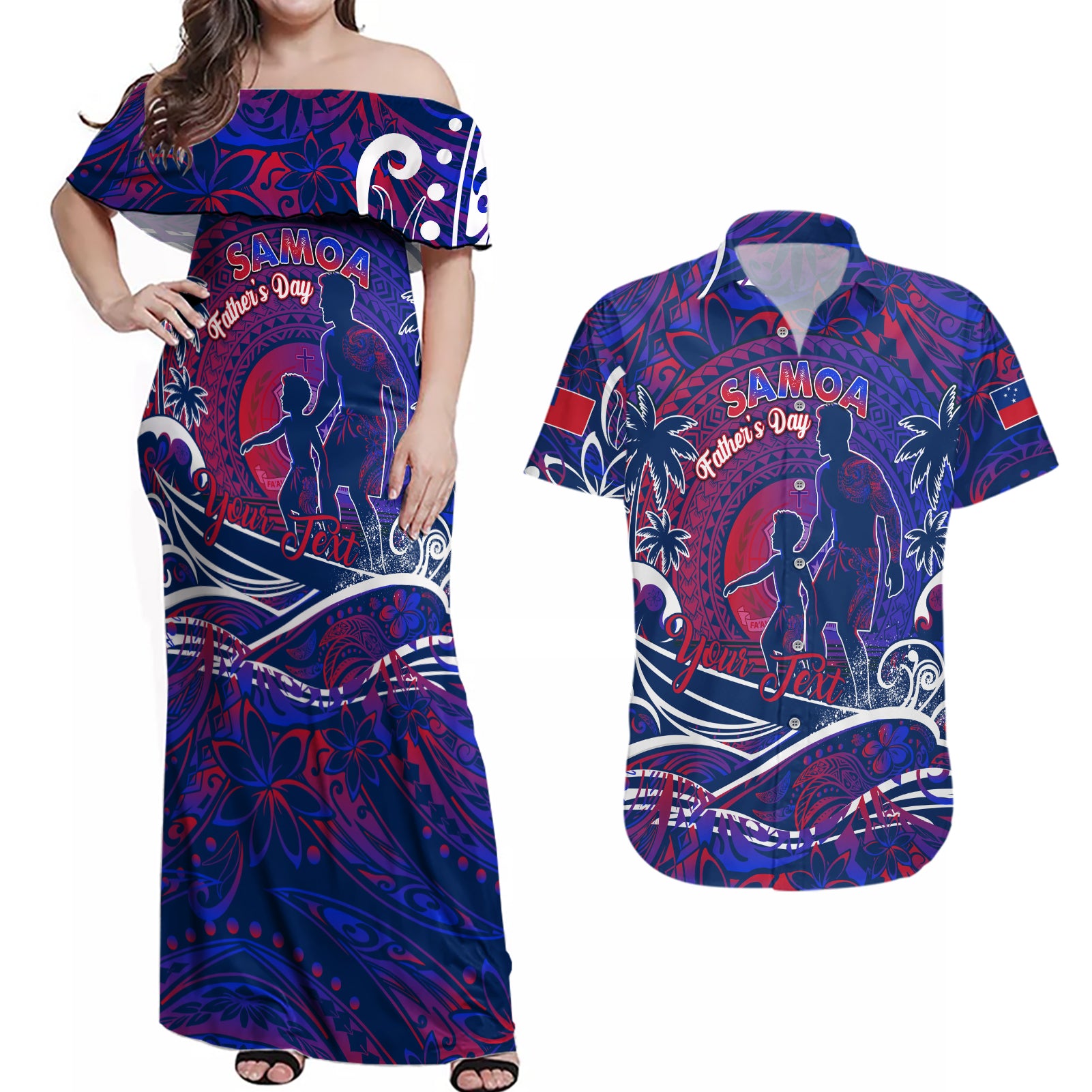 Father's Day Samoa Couples Matching Off Shoulder Maxi Dress and Hawaiian Shirt Special Dad Polynesia Paradise