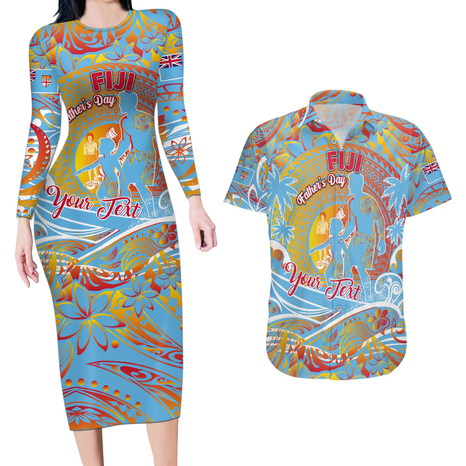 Father's Day Fiji Couples Matching Long Sleeve Bodycon Dress and Hawaiian Shirt Special Dad Polynesia Paradise