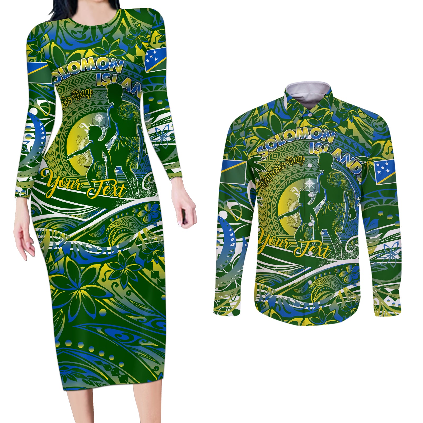 Father's Day Solomon Islands Couples Matching Long Sleeve Bodycon Dress and Long Sleeve Button Shirt Special Dad Polynesia Paradise