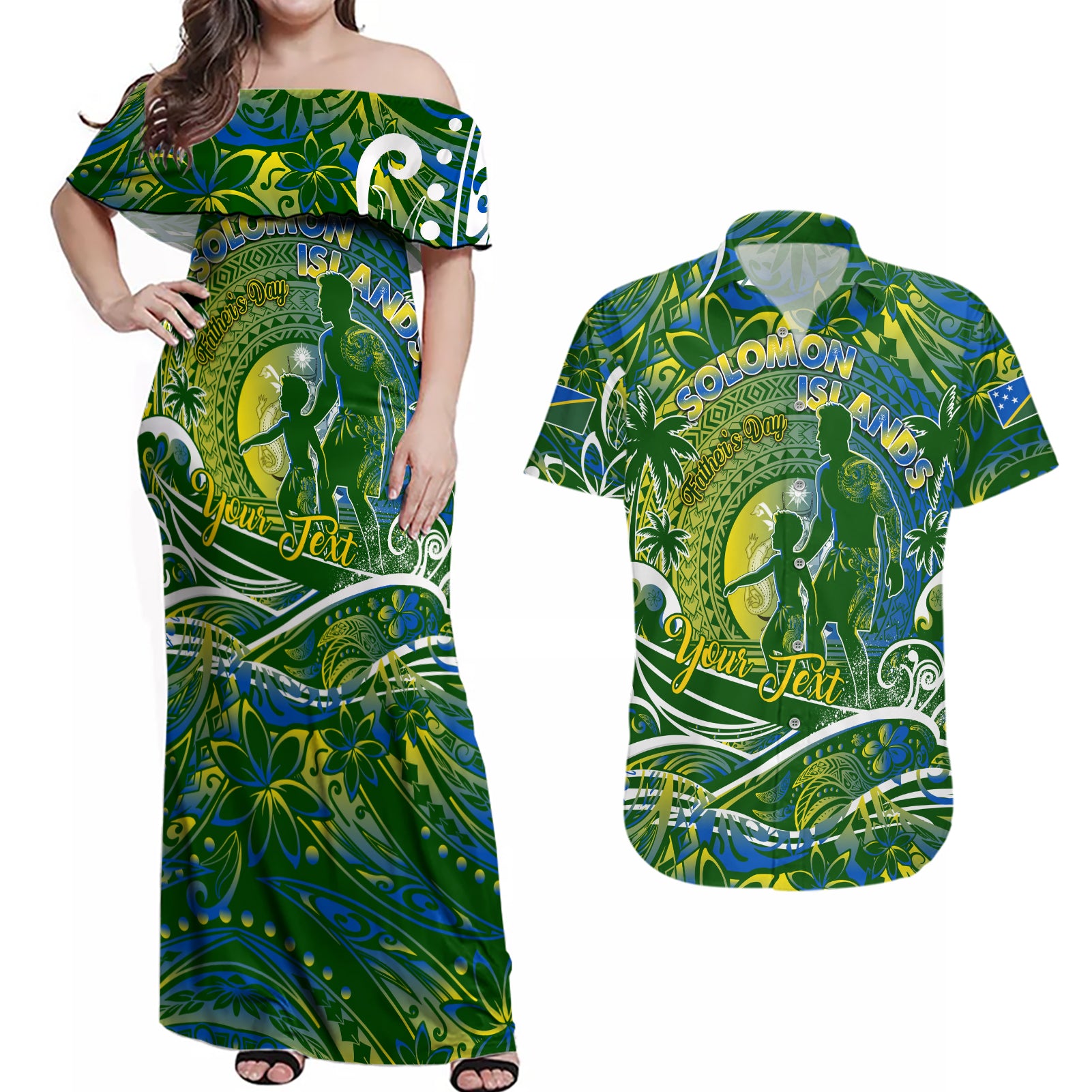 Father's Day Solomon Islands Couples Matching Off Shoulder Maxi Dress and Hawaiian Shirt Special Dad Polynesia Paradise