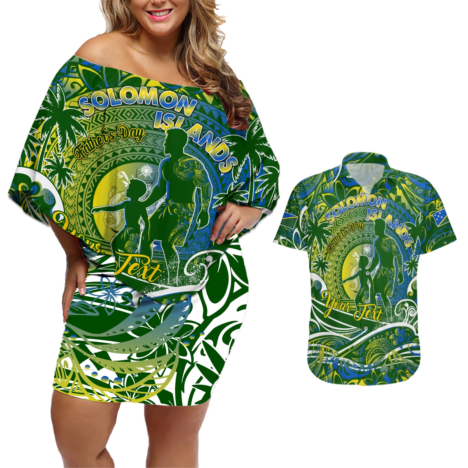 Father's Day Solomon Islands Couples Matching Off Shoulder Short Dress and Hawaiian Shirt Special Dad Polynesia Paradise