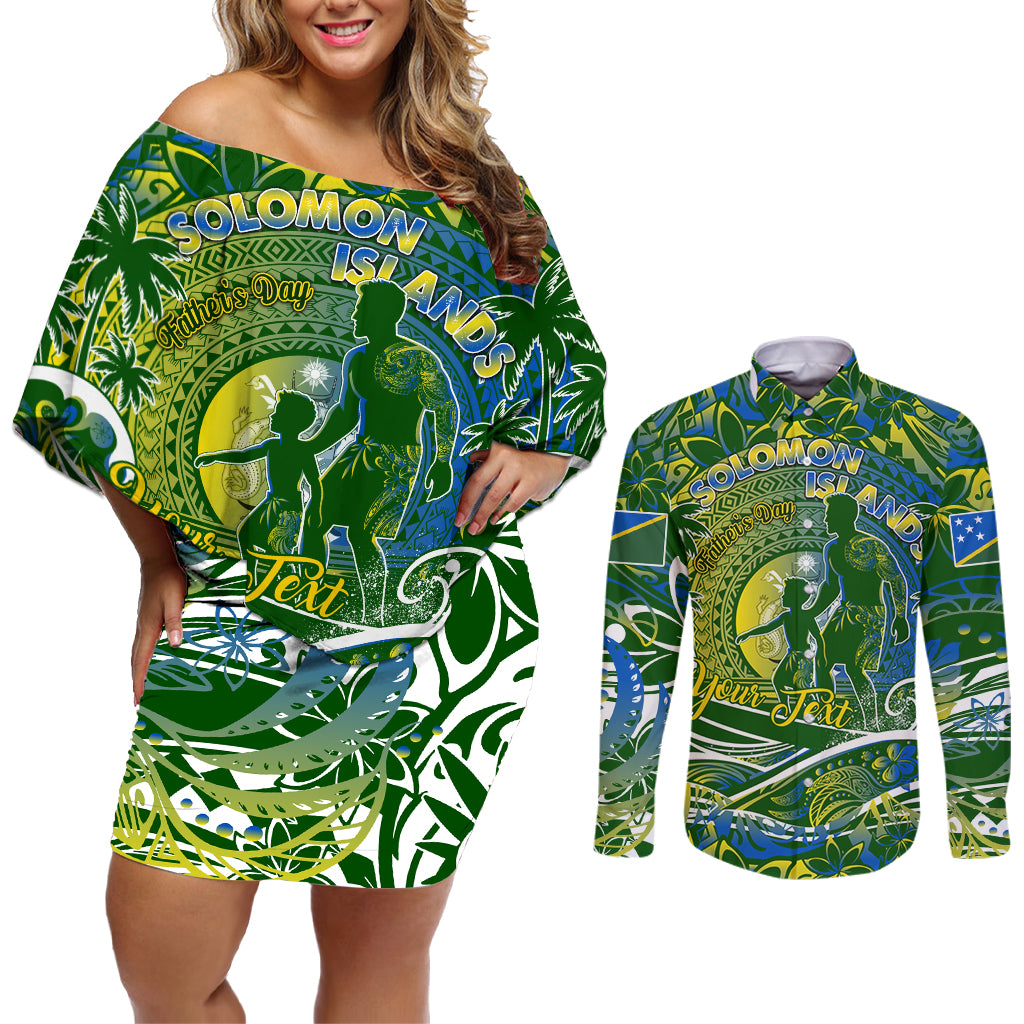 Father's Day Solomon Islands Couples Matching Off Shoulder Short Dress and Long Sleeve Button Shirt Special Dad Polynesia Paradise