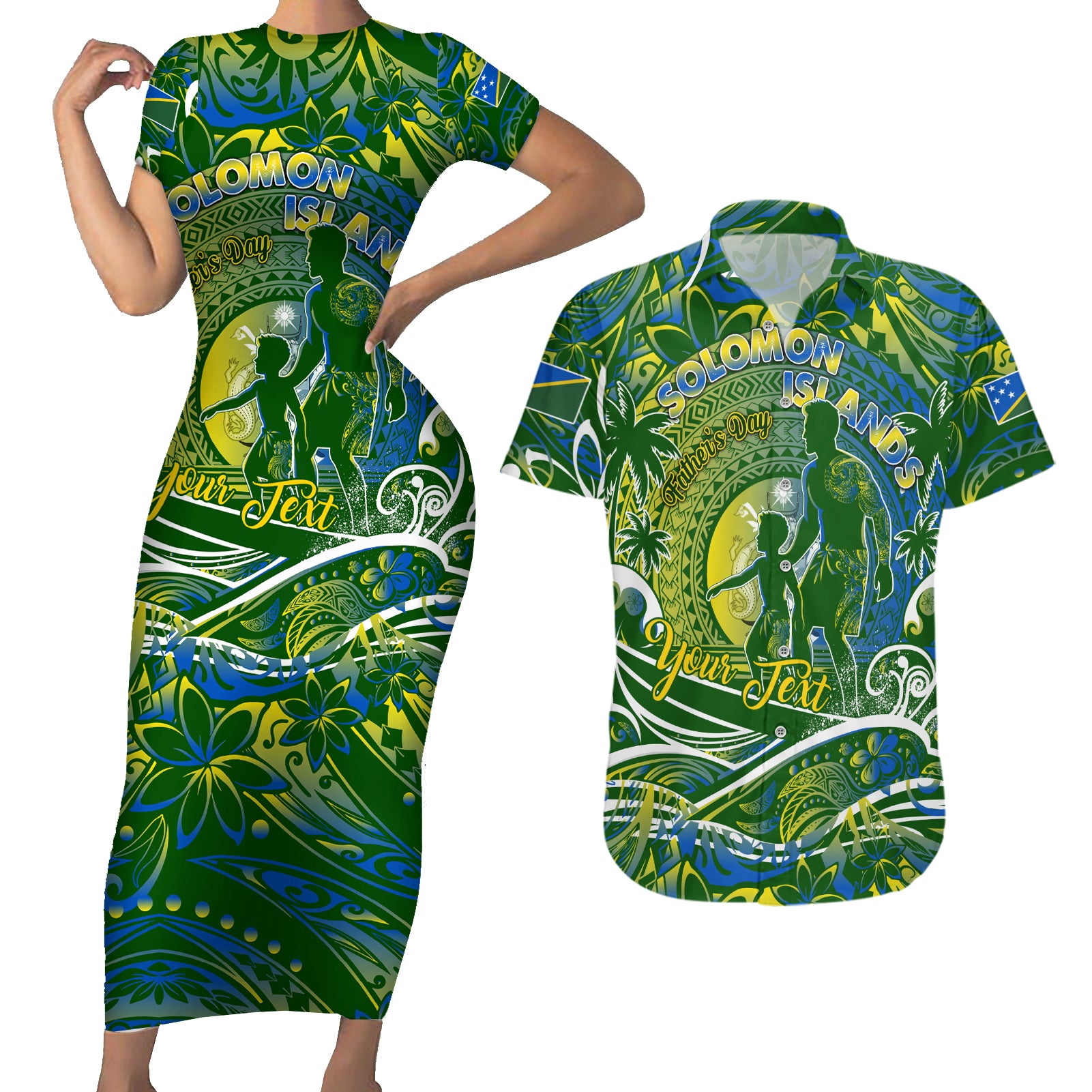Father's Day Solomon Islands Couples Matching Short Sleeve Bodycon Dress and Hawaiian Shirt Special Dad Polynesia Paradise