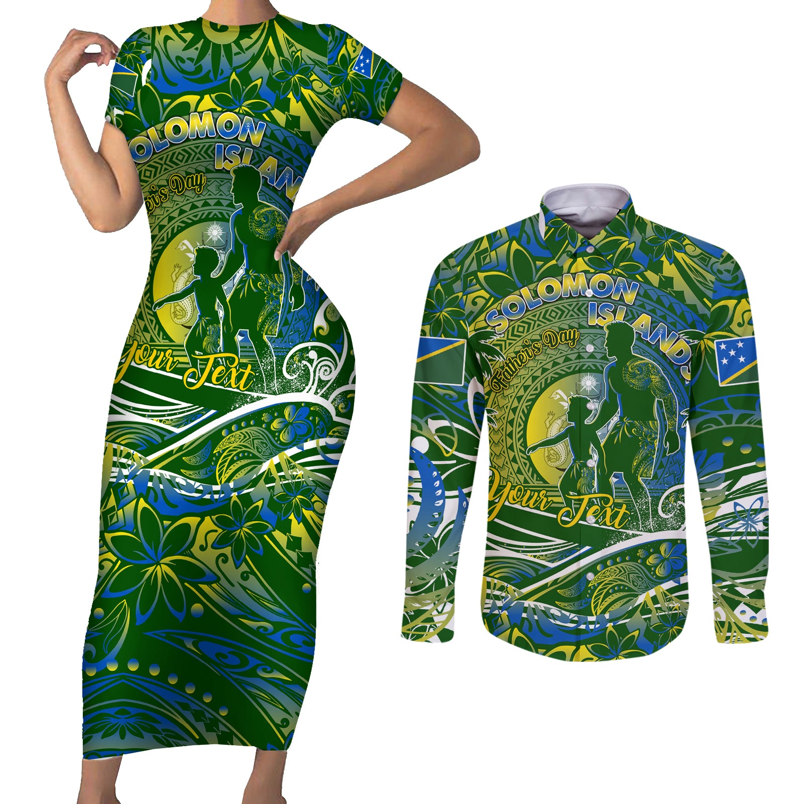 Father's Day Solomon Islands Couples Matching Short Sleeve Bodycon Dress and Long Sleeve Button Shirt Special Dad Polynesia Paradise