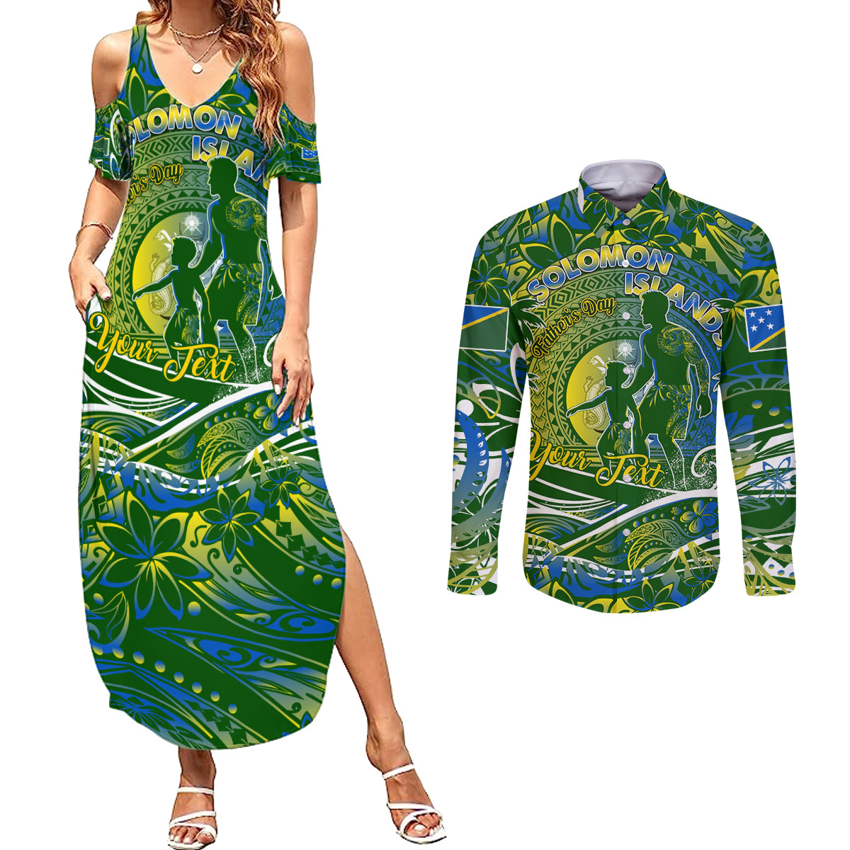 Father's Day Solomon Islands Couples Matching Summer Maxi Dress and Long Sleeve Button Shirt Special Dad Polynesia Paradise