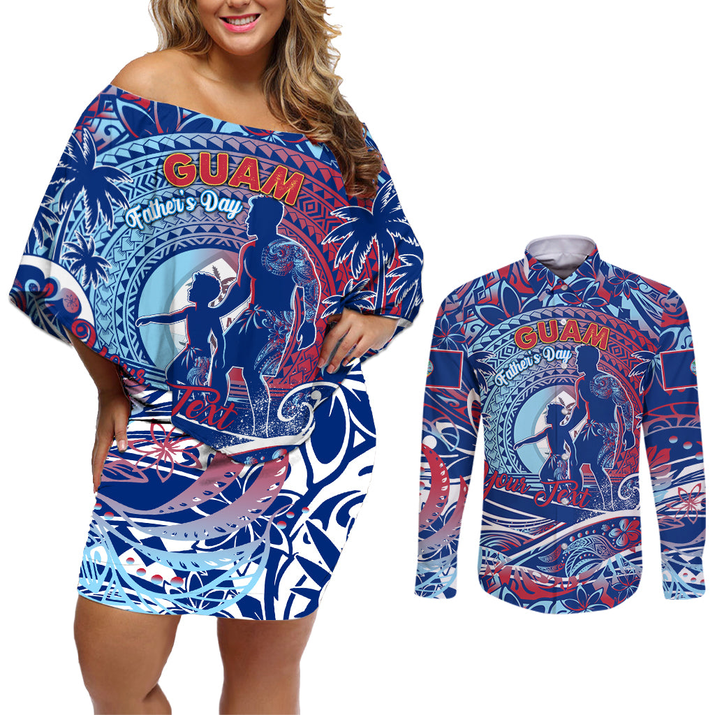 Father's Day Guam Couples Matching Off Shoulder Short Dress and Long Sleeve Button Shirt Special Dad Polynesia Paradise