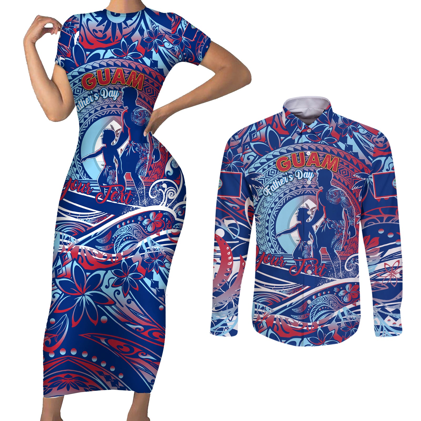 Father's Day Guam Couples Matching Short Sleeve Bodycon Dress and Long Sleeve Button Shirt Special Dad Polynesia Paradise