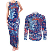 Father's Day Guam Couples Matching Tank Maxi Dress and Long Sleeve Button Shirt Special Dad Polynesia Paradise DT02 Blue - Polynesian Pride