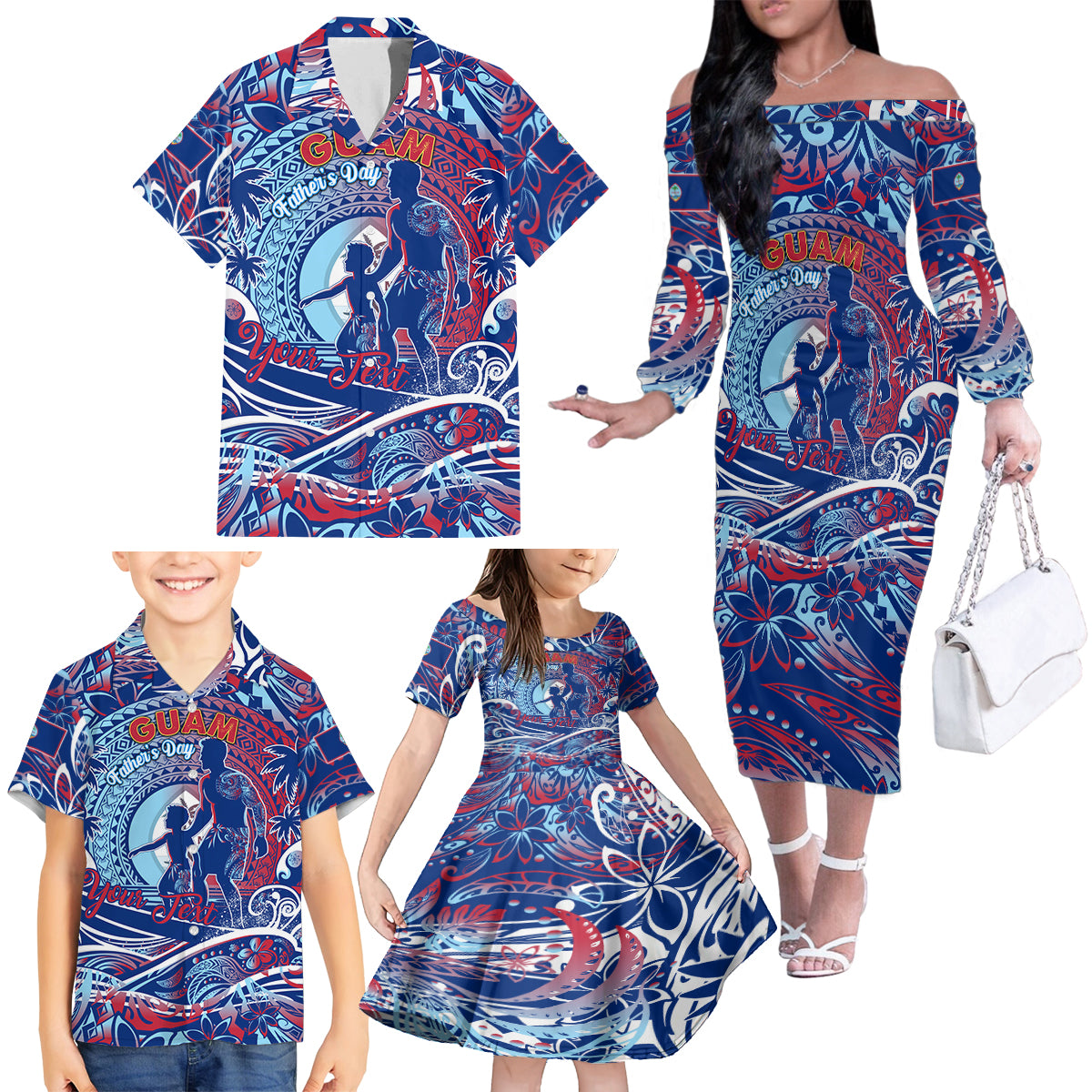 Father's Day Guam Family Matching Off The Shoulder Long Sleeve Dress and Hawaiian Shirt Special Dad Polynesia Paradise