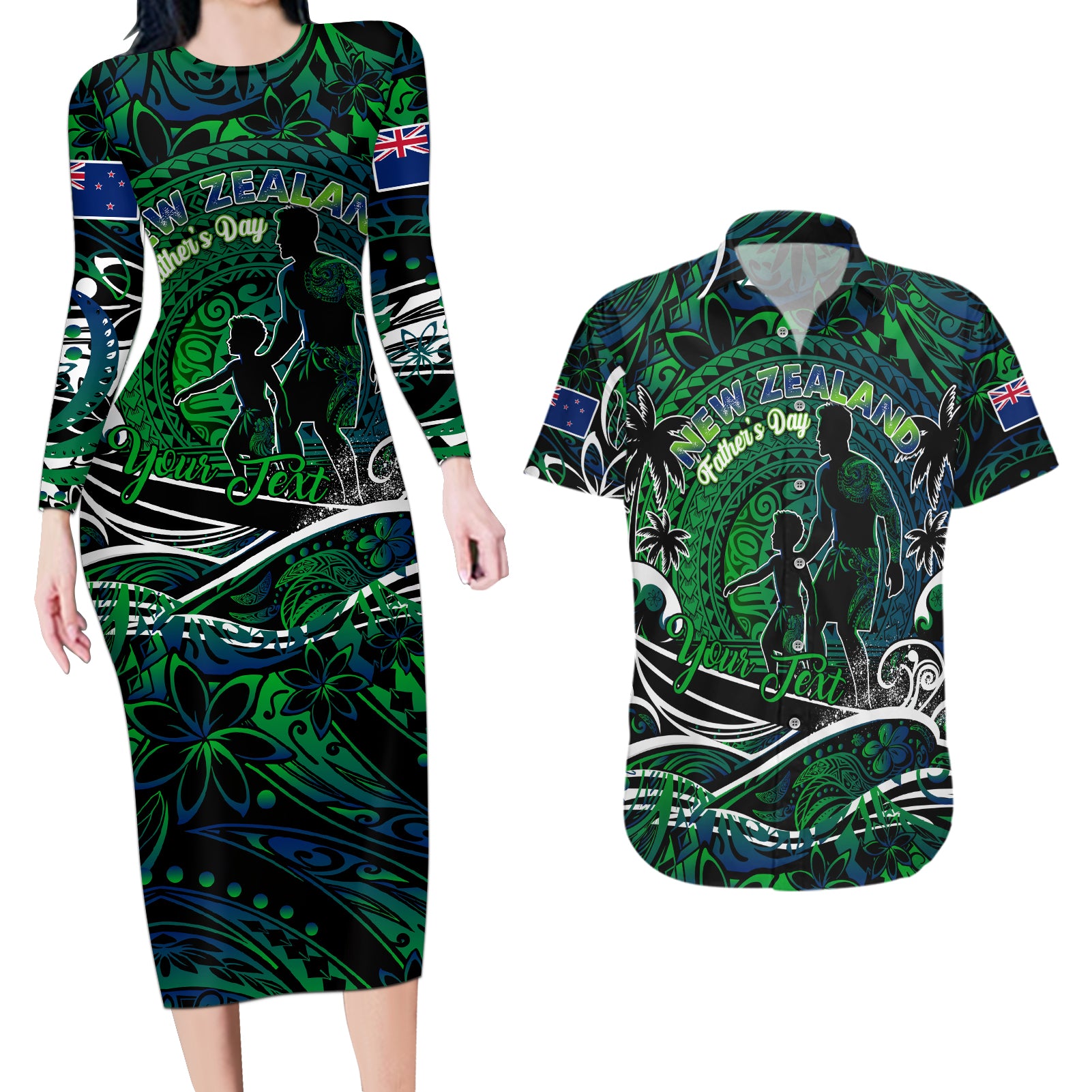 Father's Day New Zealand Couples Matching Long Sleeve Bodycon Dress and Hawaiian Shirt Special Dad Polynesia Paradise