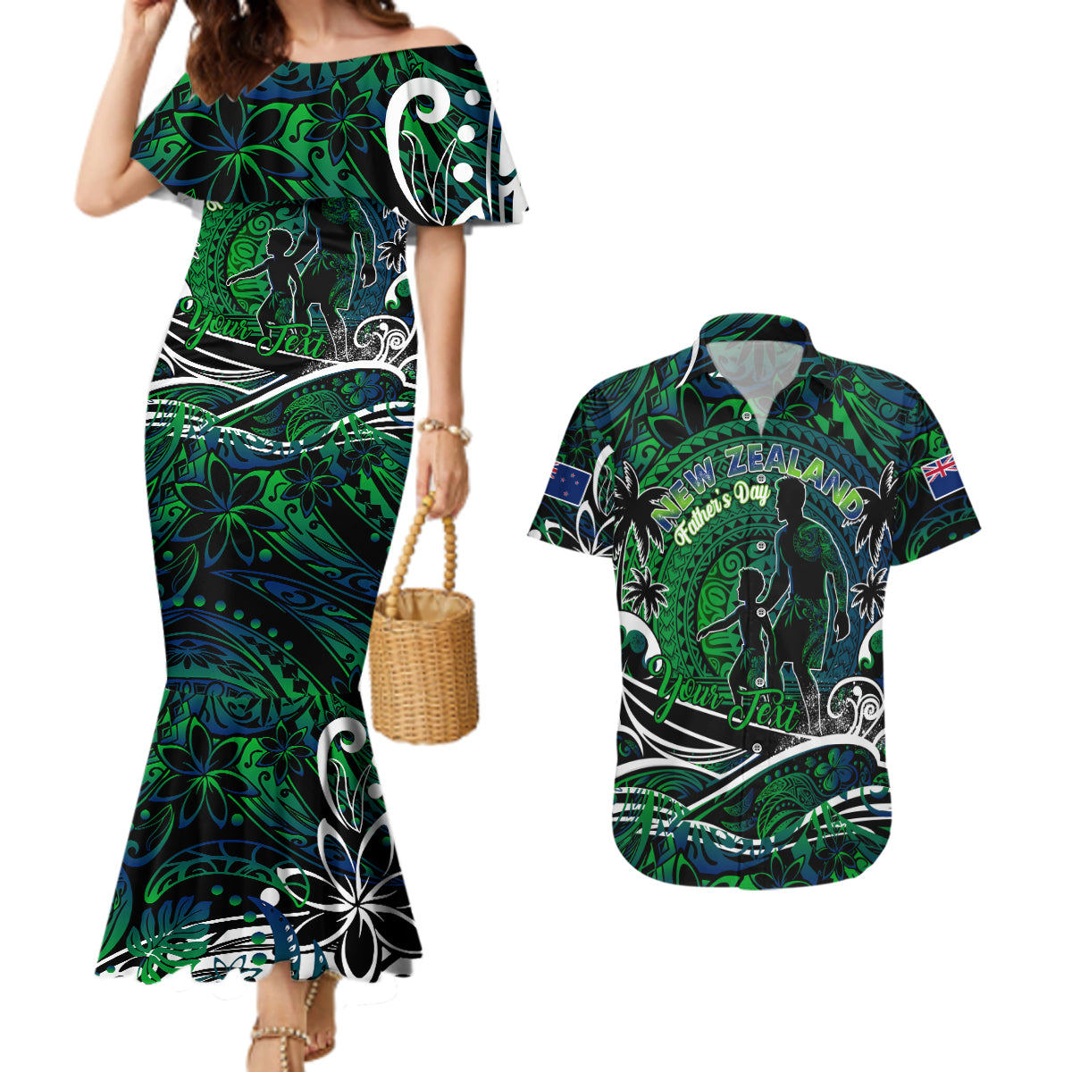 Father's Day New Zealand Couples Matching Mermaid Dress and Hawaiian Shirt Special Dad Polynesia Paradise