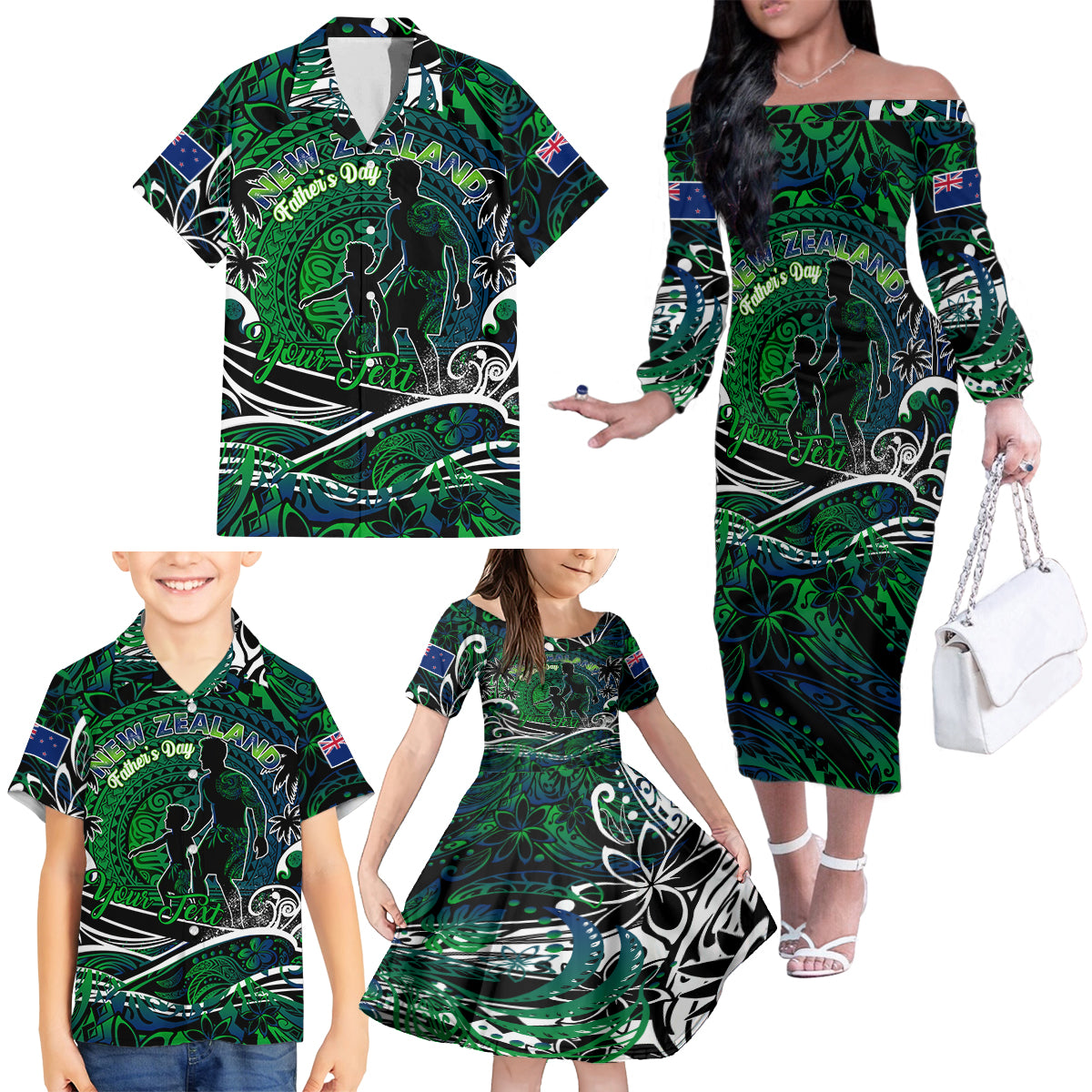 Father's Day New Zealand Family Matching Off The Shoulder Long Sleeve Dress and Hawaiian Shirt Special Dad Polynesia Paradise