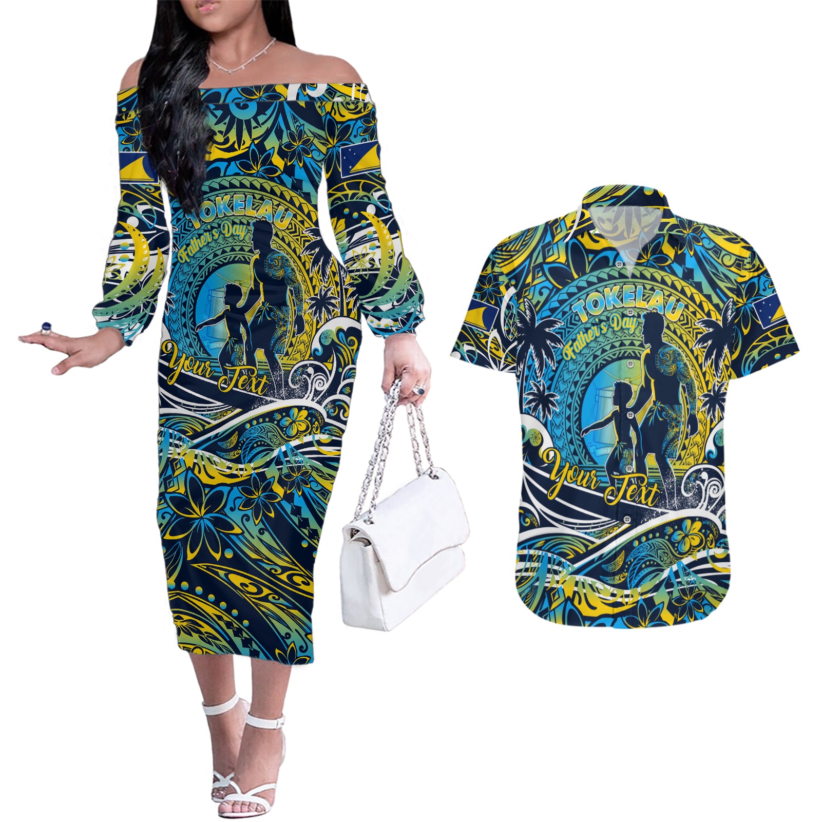 Father's Day Tokelau Couples Matching Off The Shoulder Long Sleeve Dress and Hawaiian Shirt Special Dad Polynesia Paradise