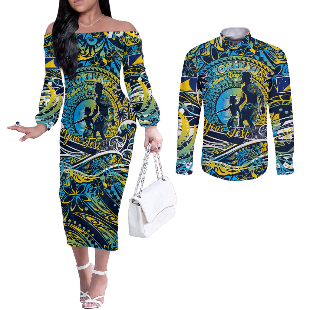 Father's Day Tokelau Couples Matching Off The Shoulder Long Sleeve Dress and Long Sleeve Button Shirt Special Dad Polynesia Paradise