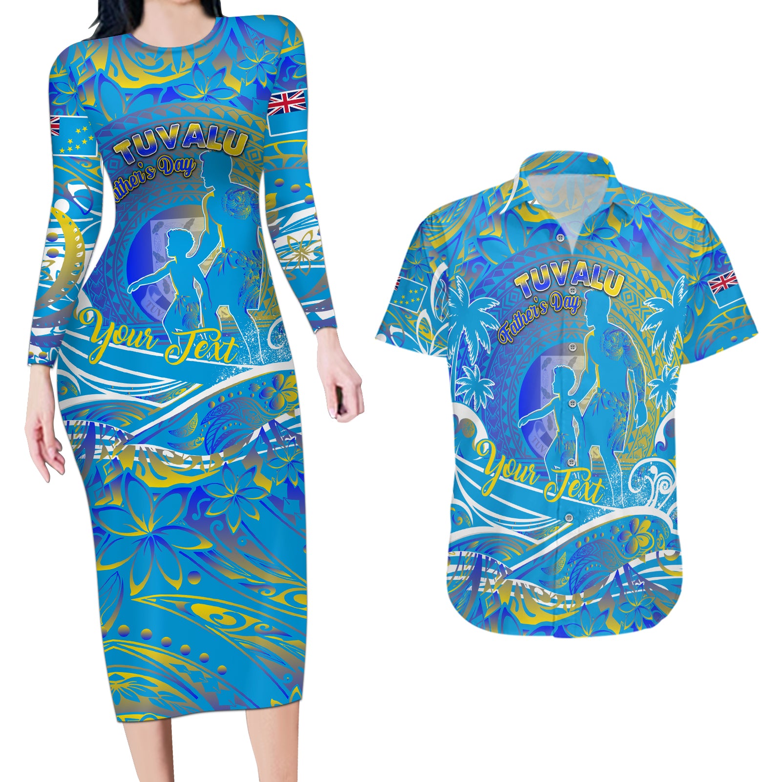 Father's Day Tuvalu Couples Matching Long Sleeve Bodycon Dress and Hawaiian Shirt Special Dad Polynesia Paradise