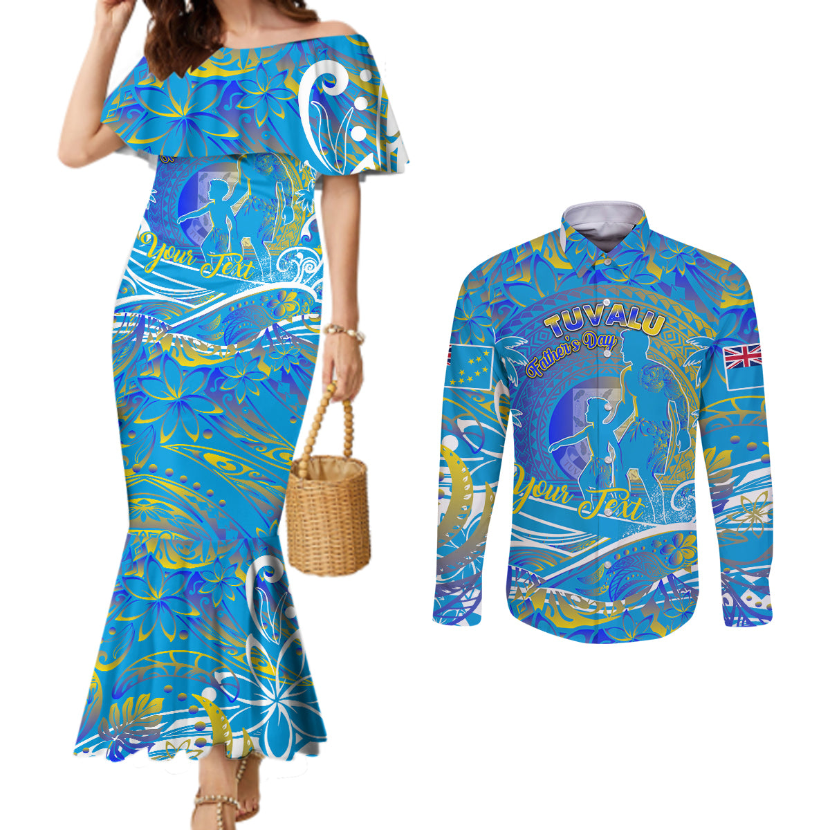 Father's Day Tuvalu Couples Matching Mermaid Dress and Long Sleeve Button Shirt Special Dad Polynesia Paradise