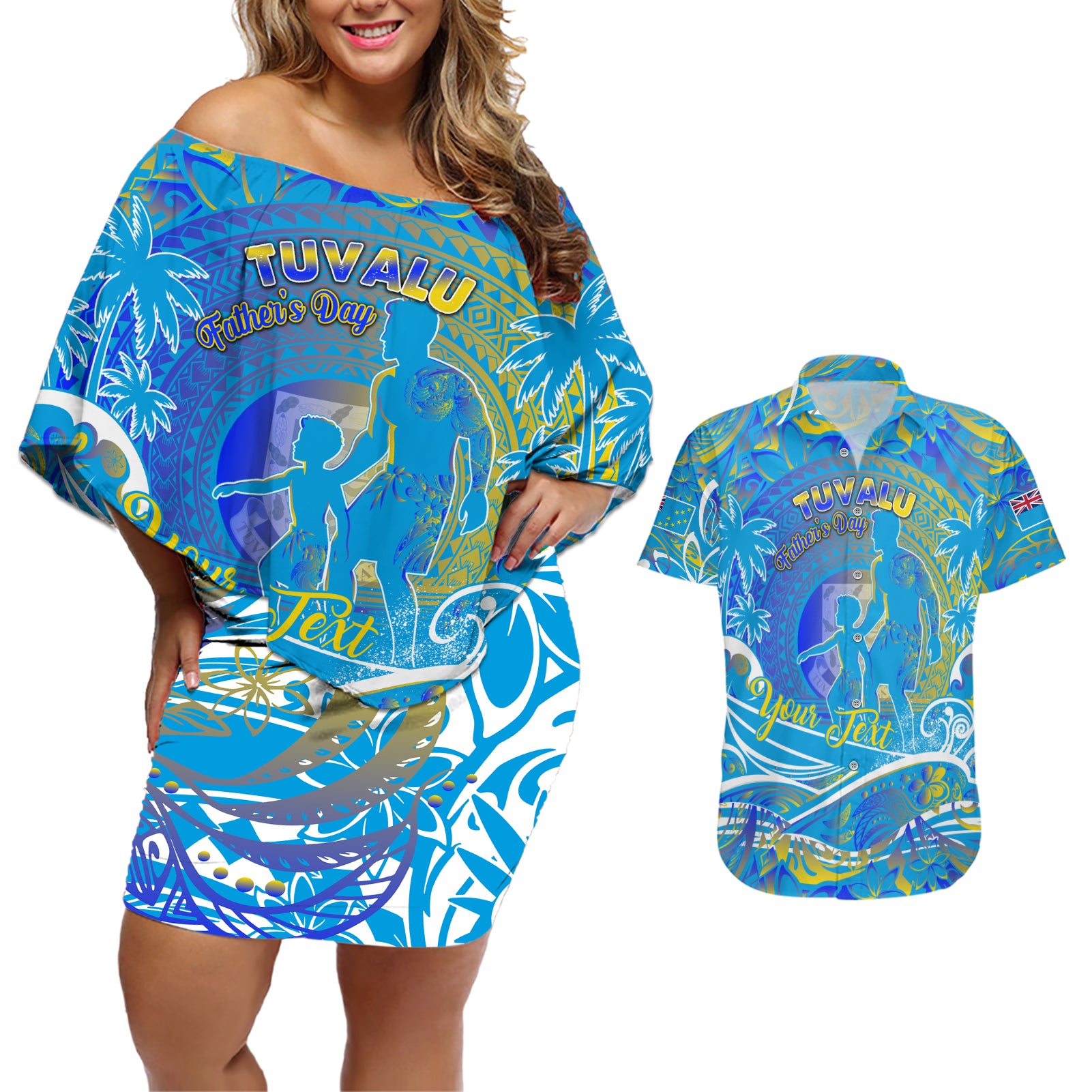 Father's Day Tuvalu Couples Matching Off Shoulder Short Dress and Hawaiian Shirt Special Dad Polynesia Paradise