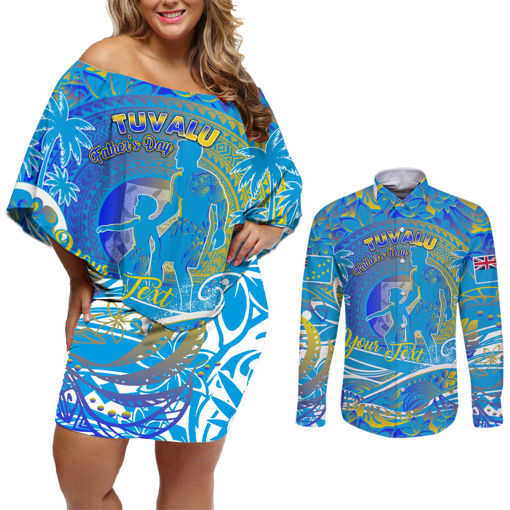 Father's Day Tuvalu Couples Matching Off Shoulder Short Dress and Long Sleeve Button Shirt Special Dad Polynesia Paradise