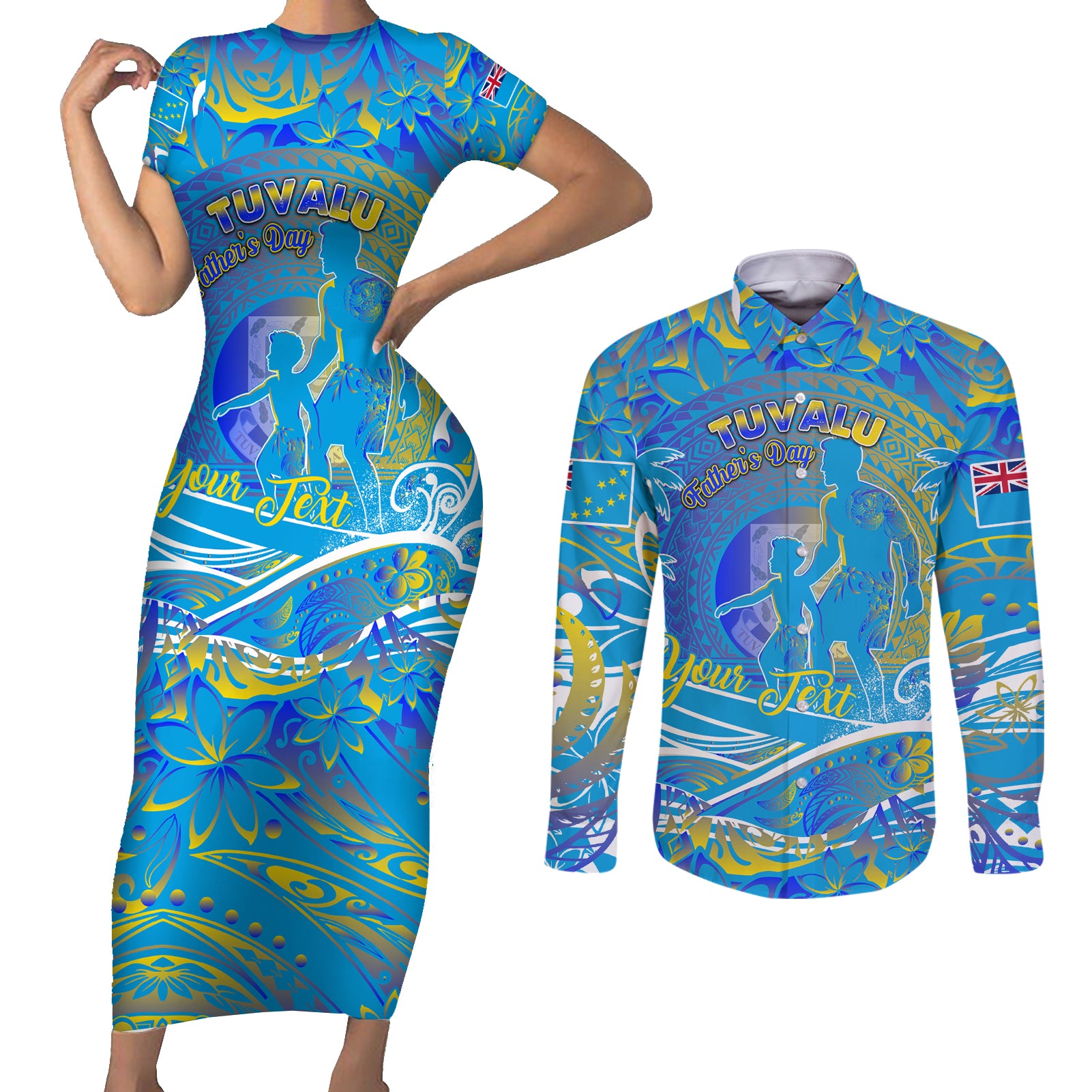 Father's Day Tuvalu Couples Matching Short Sleeve Bodycon Dress and Long Sleeve Button Shirt Special Dad Polynesia Paradise