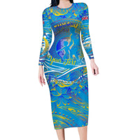 Father's Day Tuvalu Family Matching Long Sleeve Bodycon Dress and Hawaiian Shirt Special Dad Polynesia Paradise DT02 Mom's Dress Blue - Polynesian Pride