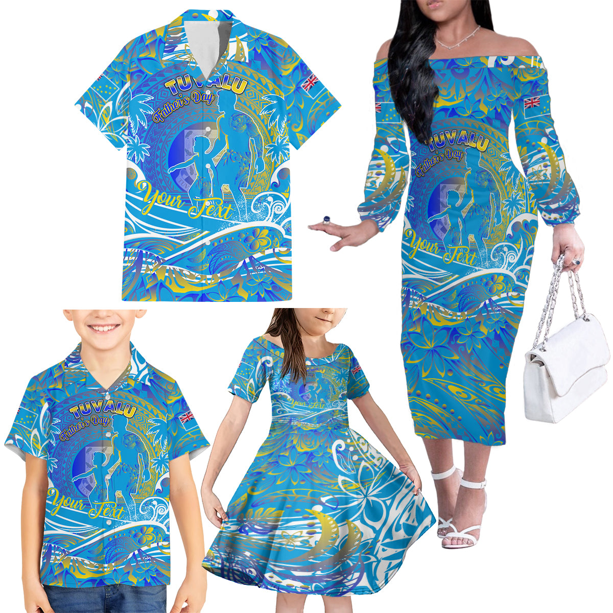 Father's Day Tuvalu Family Matching Off The Shoulder Long Sleeve Dress and Hawaiian Shirt Special Dad Polynesia Paradise