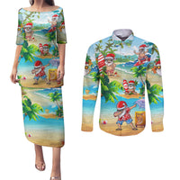 Guam Christmas Couples Matching Puletasi Dress and Long Sleeve Button Shirts Santa Claus Beach and Wave DT02 Art - Polynesian Pride